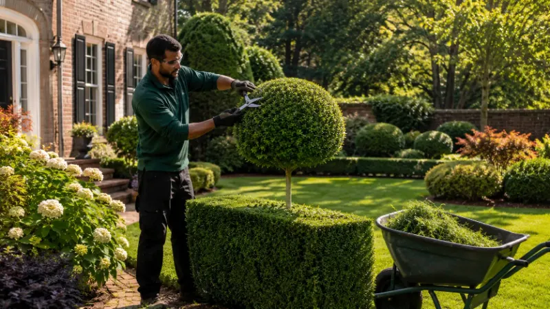 Landscaper trimming a topiary hedge