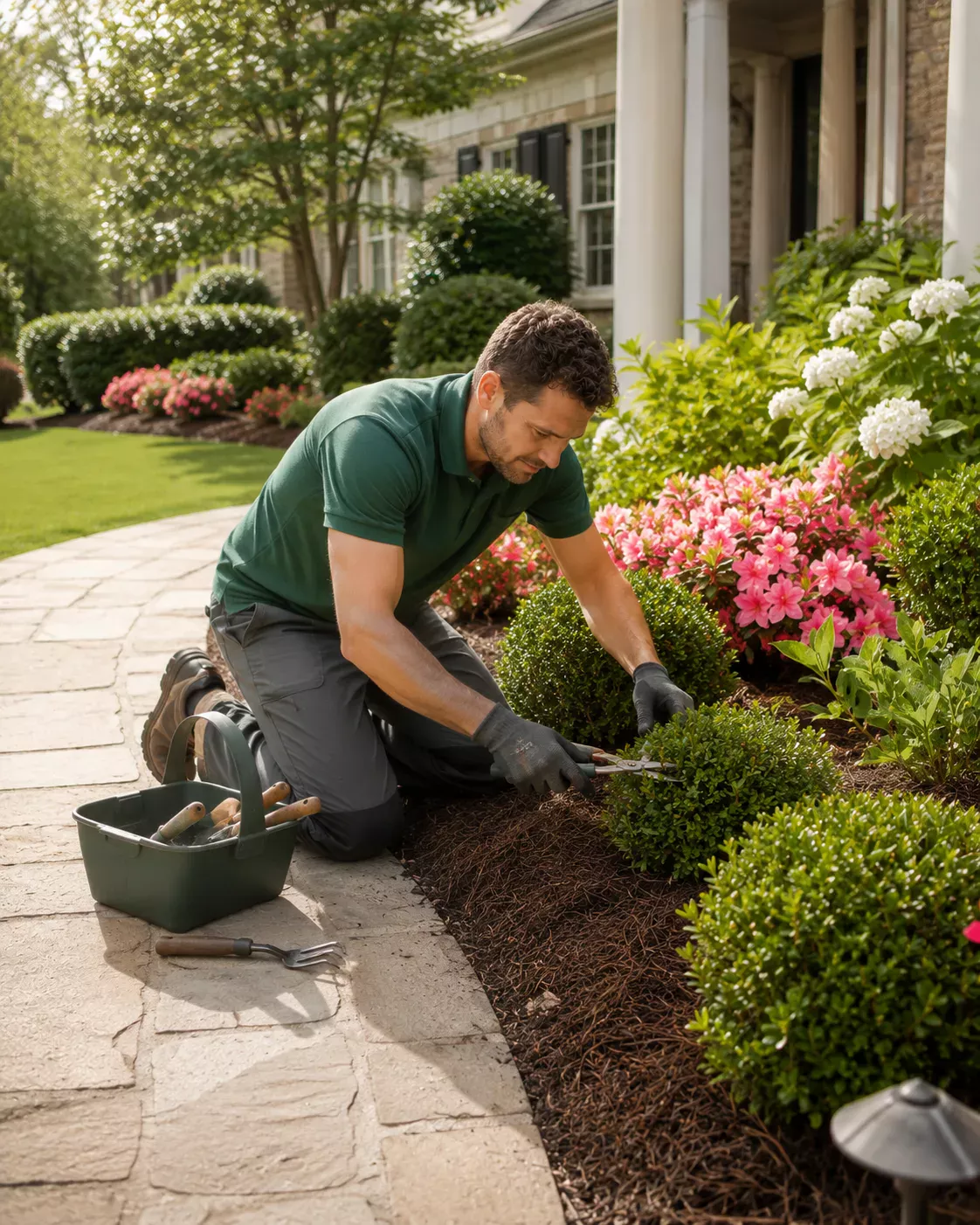 Landscaper planting flowers in a Georgia border