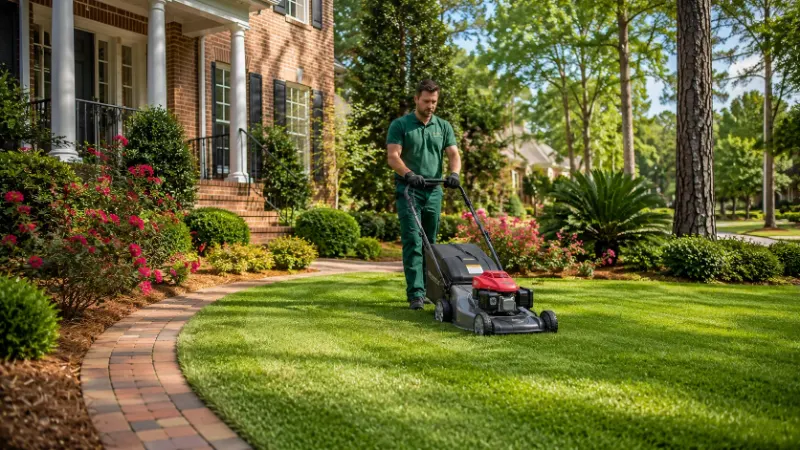 Landscaper mowing a striped lawn