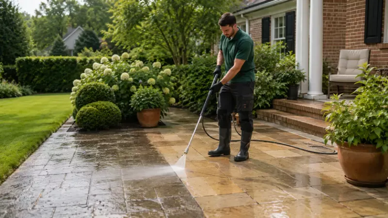 Landscaper pressure washing a stone patio