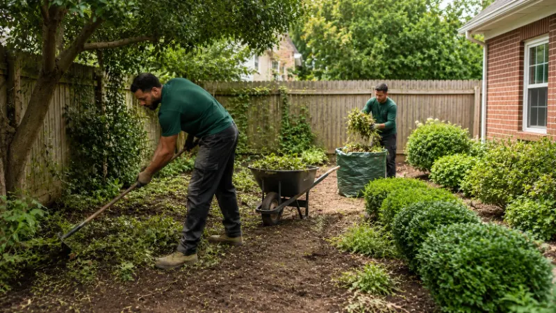 Crew clearing an overgrown yard